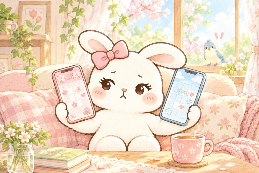 2つの妊活アプリを見比べて迷ううさぎのナビ助